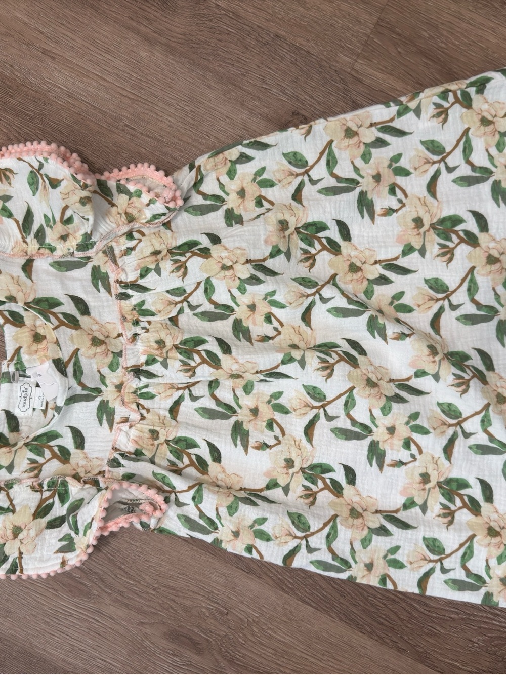 Mud Pie Cream Floral Sundress with Green Leaves and Pink Trim NWT 4t